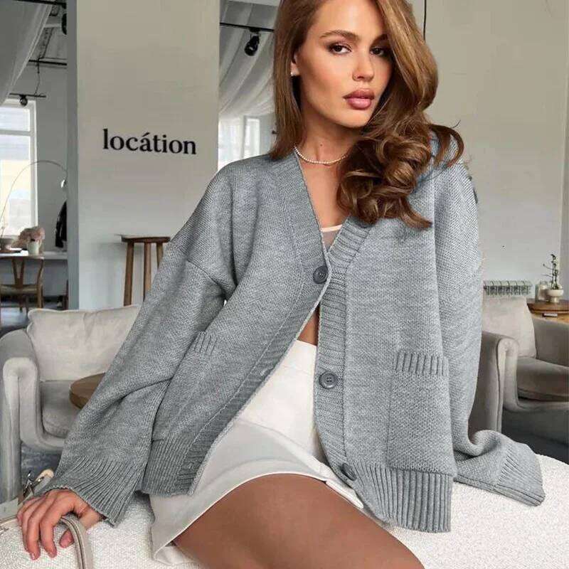 Yellow Knit Single Breasted Cardigan for Women Spring Autumn Loose V-Neck Sweater Coat Woman Warm Pockets Long Sleeve Cardigans Z260313