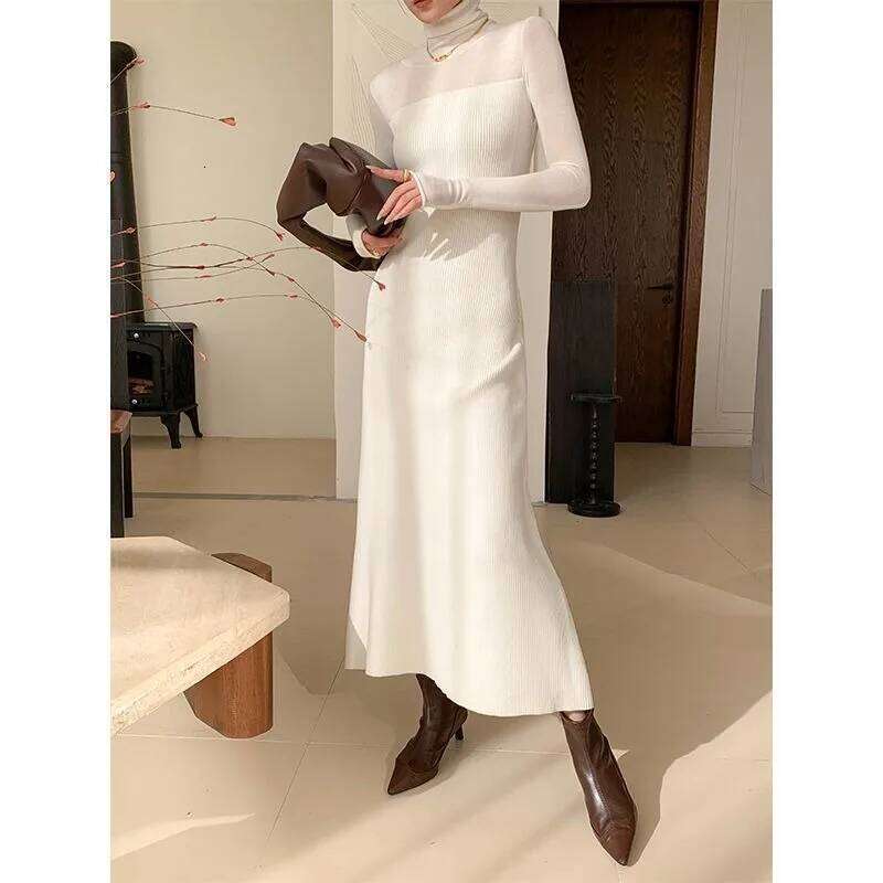 White Turtleneck Knitted Dress in Autumn Winter New Fit Slim Bottoming Hip-covering Long Skirt Z260313