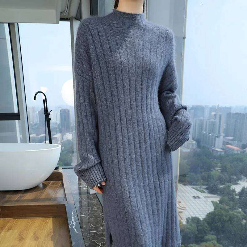 Thicken 100%Pure Mink Cashmere Knitted Dress Women's High-Neck Split Large Size Long Skirt Fashion Loose High-Waist Hip Pullover Z260314