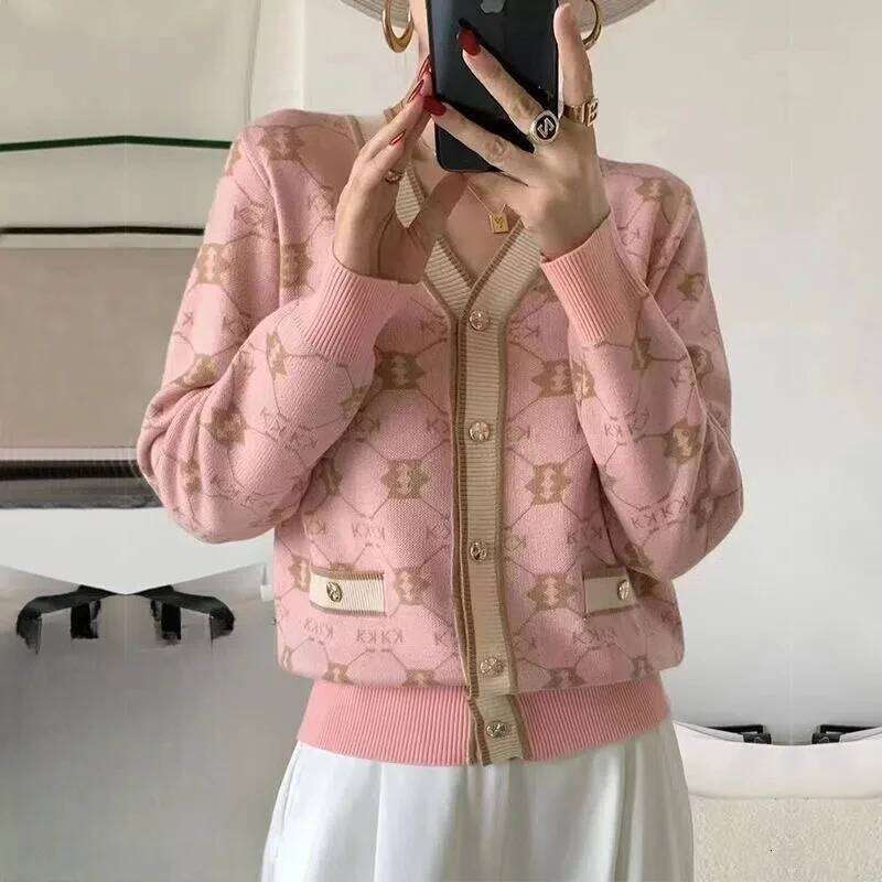 Autumn Winter V-Neck Geometric Women's Clothing Cardigan Sweater Knitted Button Lantern Long Sleeve Coats Contrast Color Tops Z260313
