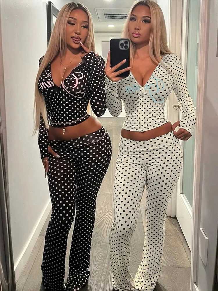 Weird Puss Polka Dot Letter Print 2 Piece Set Woman Tracksuit Trend Sexy Hooded JacketPants Skinny Stretch Matching Streetwear M260313