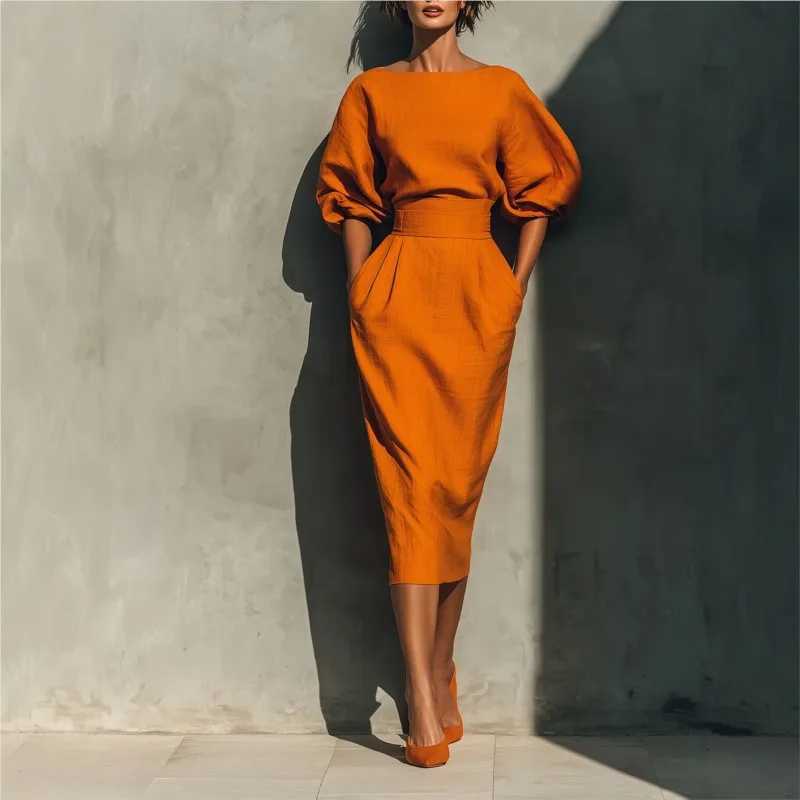 Fashion Solid color Dress 2026 Casual Puff Lantern Sleeve O-neck Pocket Slim High Waist Pleated Wrap Hip Dress Holiday VestidosT260314