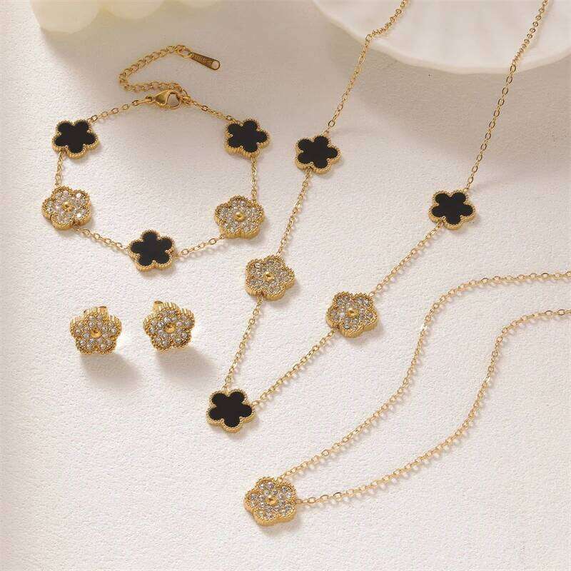 316L Stainless Steel 2025 New Fashion Fine Jewelry Set Zircon 5- Flowers Charm Chain Necklaces s Earrings For Women H260312