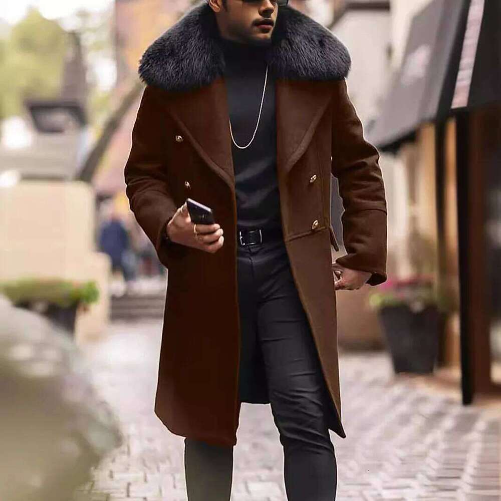 2025 Winter Men Coat Streetwear Fur Collar Long Sleeve Male Trench Jacket Mid Length Double-breasted Windproof Man Outerwear Z260313