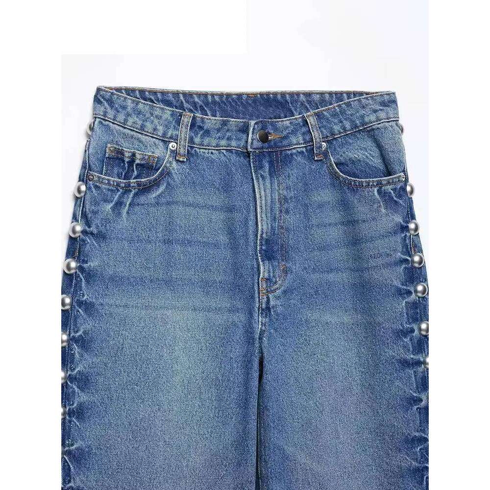 HH Street Fashion Straight With Metal Rivets High Waist Loose Wide-leg Jeans For Women Autumn Versatile Pants Vintage Bottom Z260313