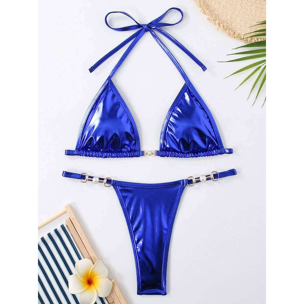 Triangle Thong Bikini 2025 Halter Pearl Link Swimsuit Women Padded Swimwear Female Bathers Bathing Swimming Swim Suit Beachwear Y260303