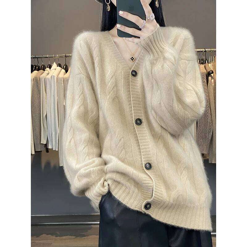 New 100% Merino Wool V-neck Button Jacquard Cardigan Fashionable Soft Classic Loose Women Autumn Winter Cashmere Knitwear Coat Z260313