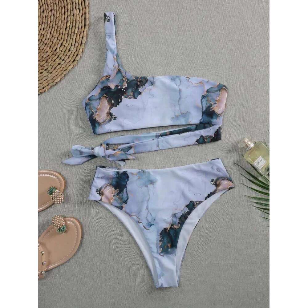 2025 New Print Sport Bandeau Push up Bikinis Sexy Marble Swimsuit High Waist Swimwear Women bathing suit Beach wear Y260303