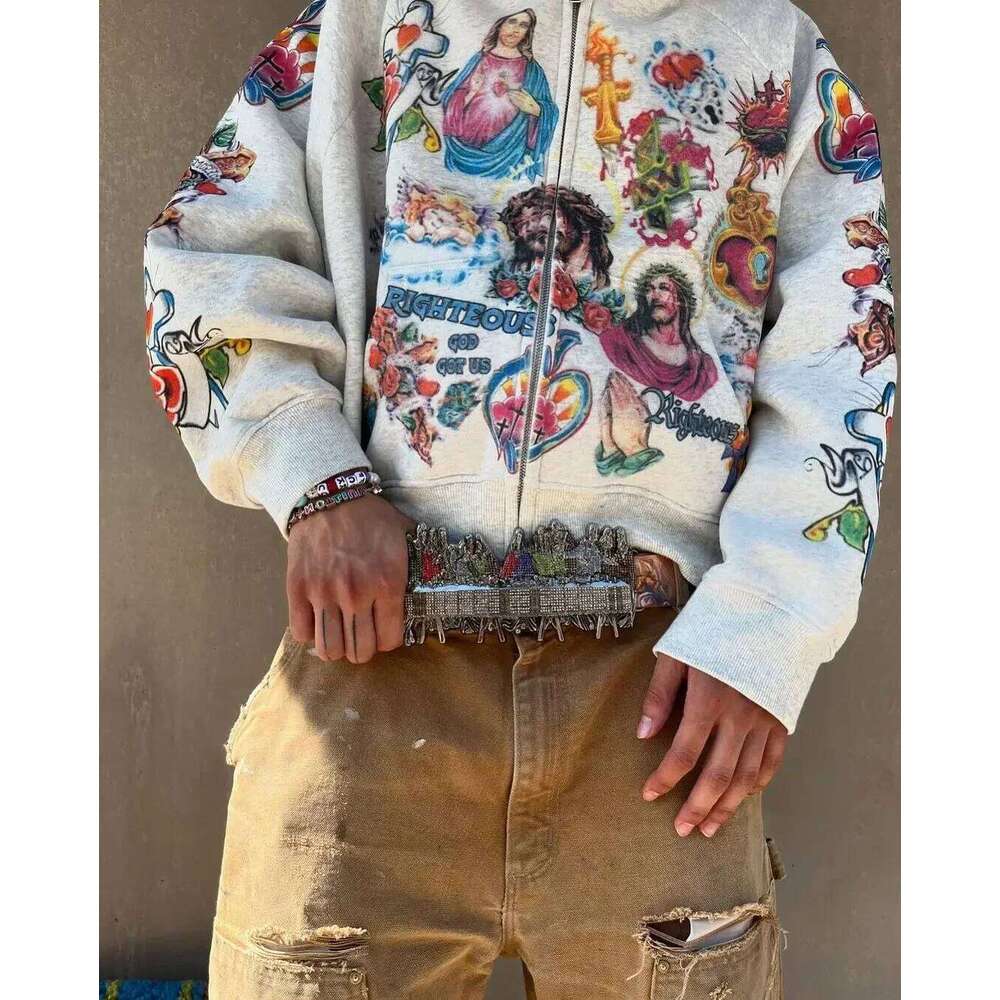 Street clothing retro pattern printed loose fitting Gothic rock Harajuku men and women sportswear zippered hoodie 26Y0313