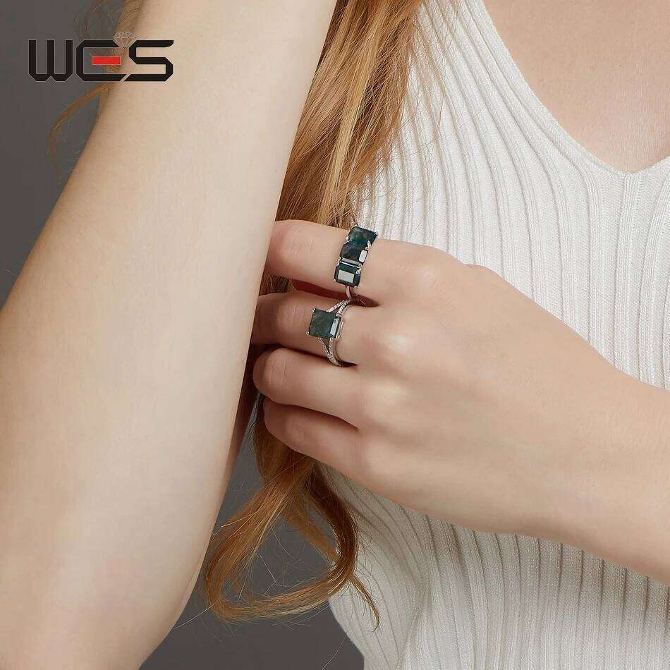 WES 925 Sterling Silver Three Stones Natural 6*8mm Moss Agate Ring for Woman Luxury Jewelry Wedding Party Gift Rhodium Plated H260312
