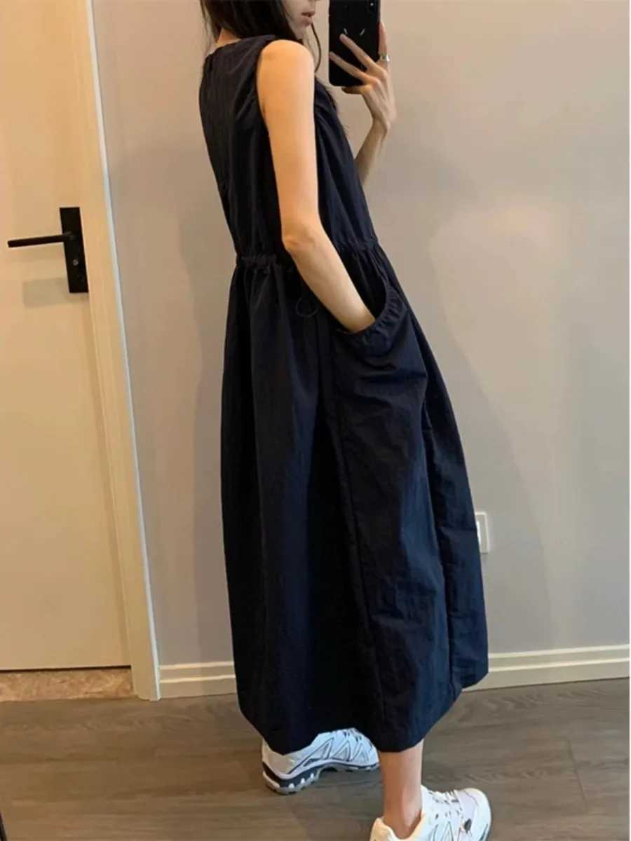 Loose Casual Womens Dr Summer 2026 New Korean Sle Dstring Waistl Svel Vest Skirt A-Line Midi round NeT260314