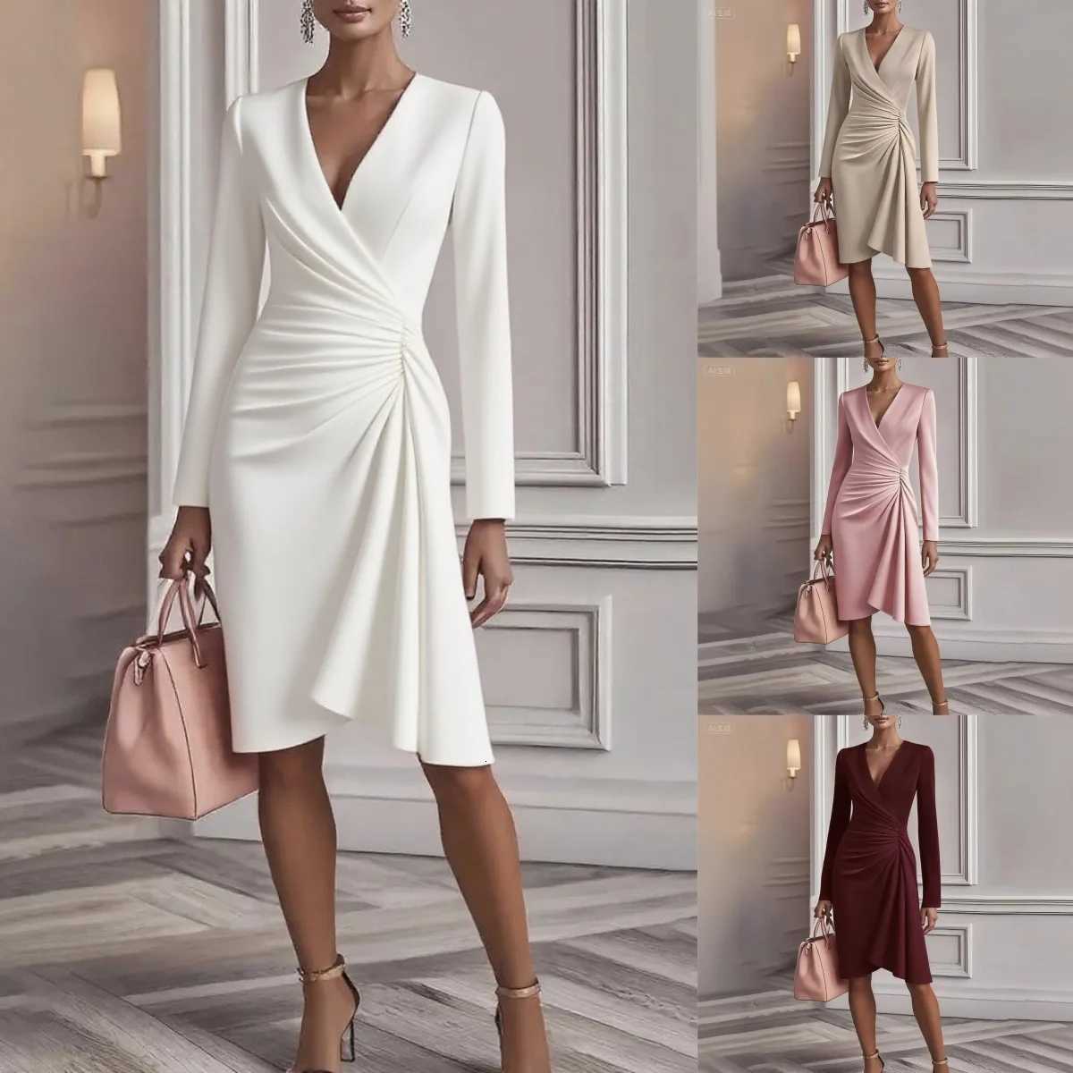 Womens Chic Ruched Wrap V Neck Midi Dress Long Sleeve Asymmetric Hem Formal Gown for Elegant Office Work CommuteT260314