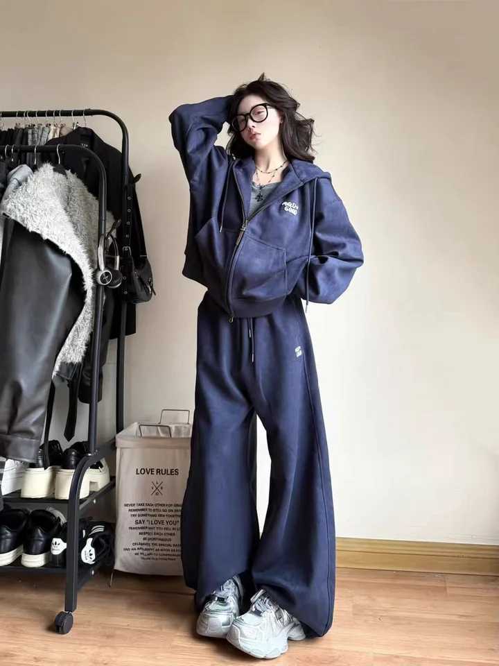 Hong Kong Style Zipper Open Cardigan Set Womens Korean Version Spring Autumn Casual Sports Hooded Two-Piece Trendy Student Wear M260313