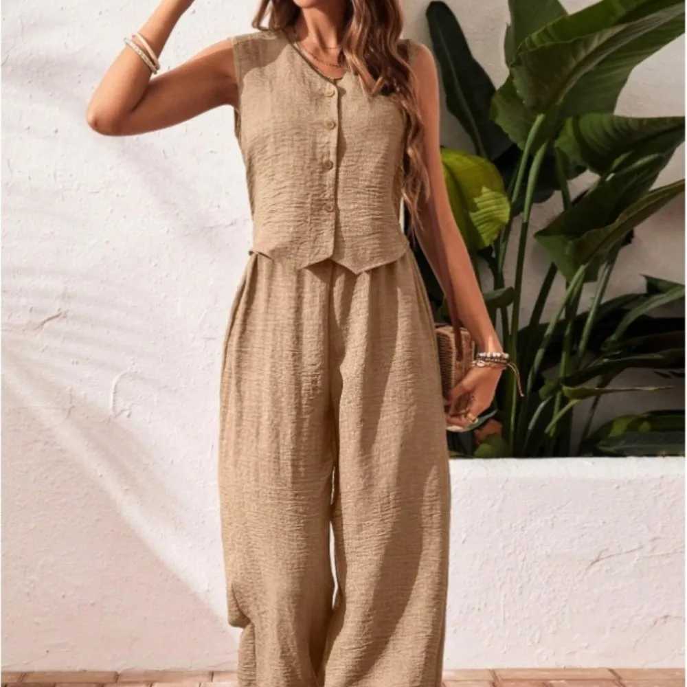 Casual Cotton Trousers Set Summer Loose Comfortable V-neck Single-breasted Sleeveless Vest Elastic Waist Trousers Two-piece Set M260313