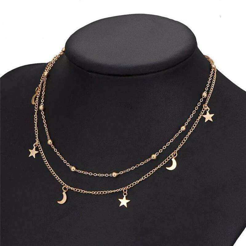 Star & Moon Pendant Clavicle Necklace Double Layers Beads Minimalist Women Fashion Collares Summer Everyday Jewelry Bijoux H260312