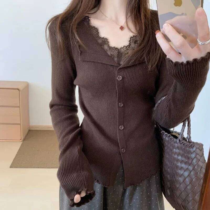 French Lace V-neck Splicing Fungus Edge Long-sleeved Sweater for Women Autumn Winter New Bottoming Shirt Top Cardigan Z260313