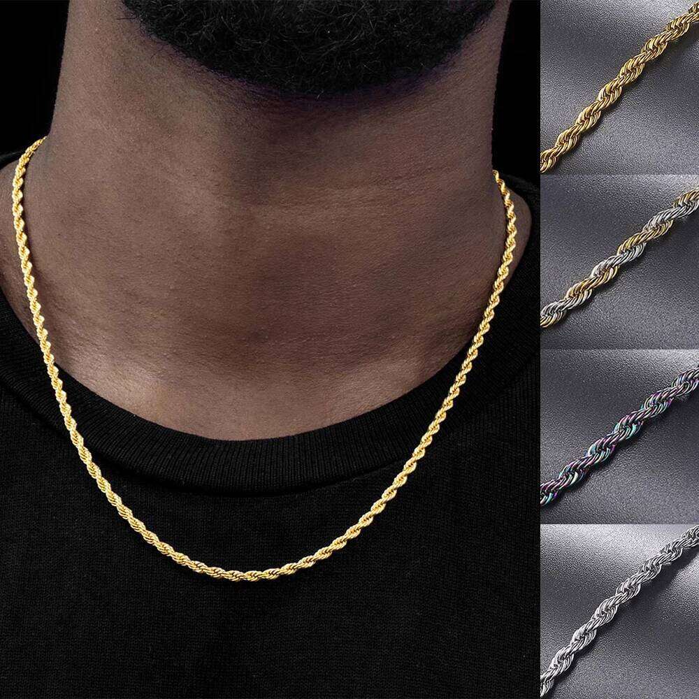 Twist Rope Chain Men Stainless Steel Ropes Long Necklace Minimalist Gold Silver Color Hip Hop Jewelry 3mm 60cm H260312