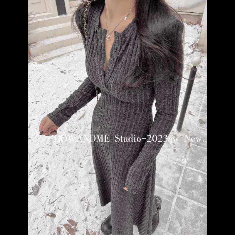 New Autumn Winter French Waist Mid-length Bottoming Skirt Long-sleeved Knitted Dress for Women Z260313