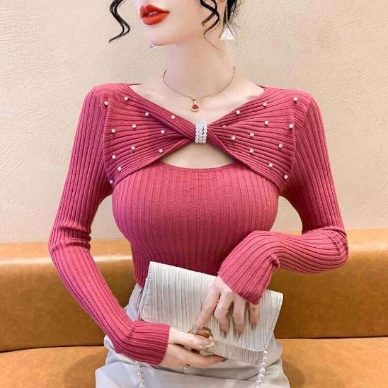 Temperament Versatile Commuter Bead Bow Sweater Pullover Slim Fit Women's 2024 New Autumn Trendy Long Sleeve Chic Top Z260313