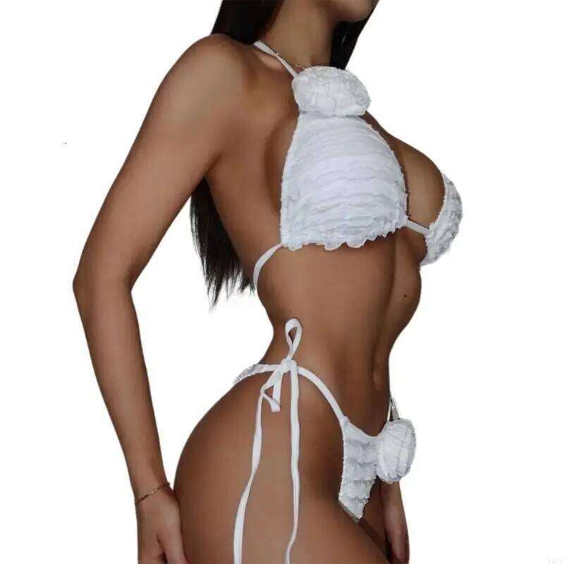 X9FF Women Two Piece Triangular Swimsuit Set Flower Halterneck Thong Swimming Costume Y260303