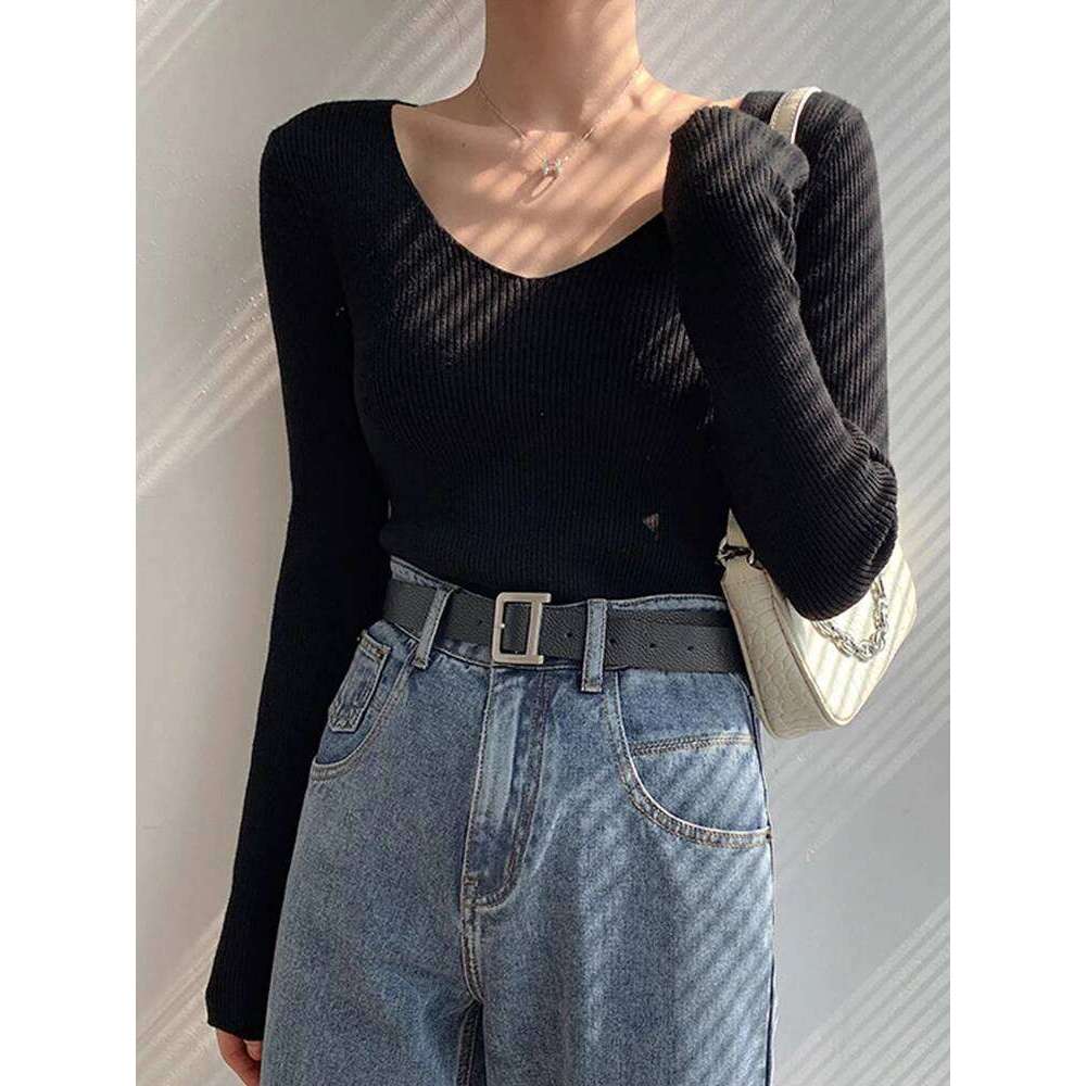 Spring Autumn V Neck Women Sweater Casual Long Sleeve Slim-fit Tops Knitted Pullover Sweaters Femme Basic Solid Pull Clothes Z260314