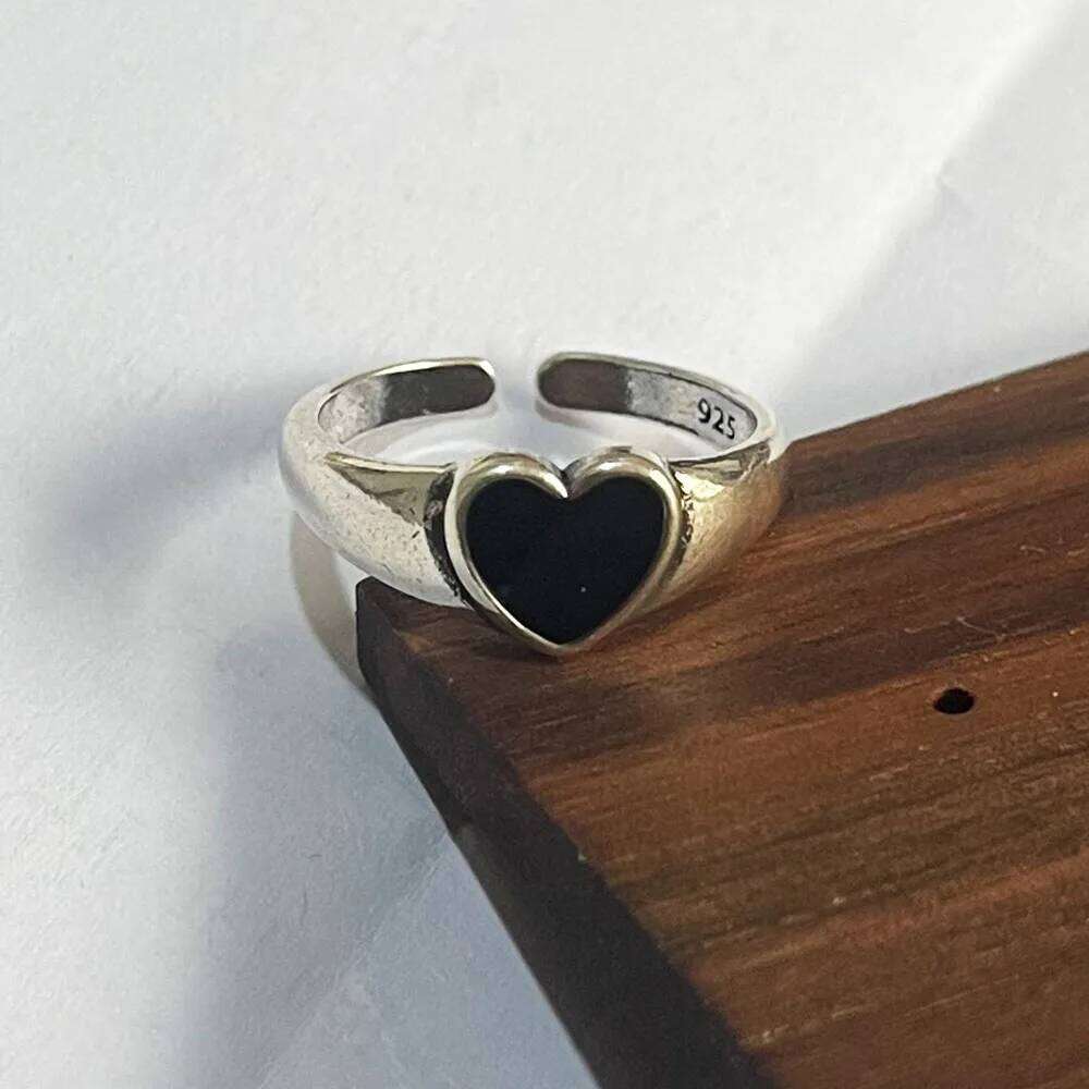925 Sterling Silver Rings For Women Simple Vintage Handmade Adjustable Finger Black Heart Ring Fashion Band Female Bijoux Gift H260312