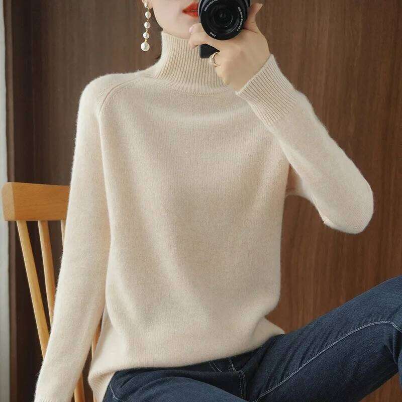 Women's Turtleneck Cashmere Sweater, Casual Loose Pullover, Long-sleeved, Hedging Base, Monochromatic, Fall, Winter, 2023 Z260313