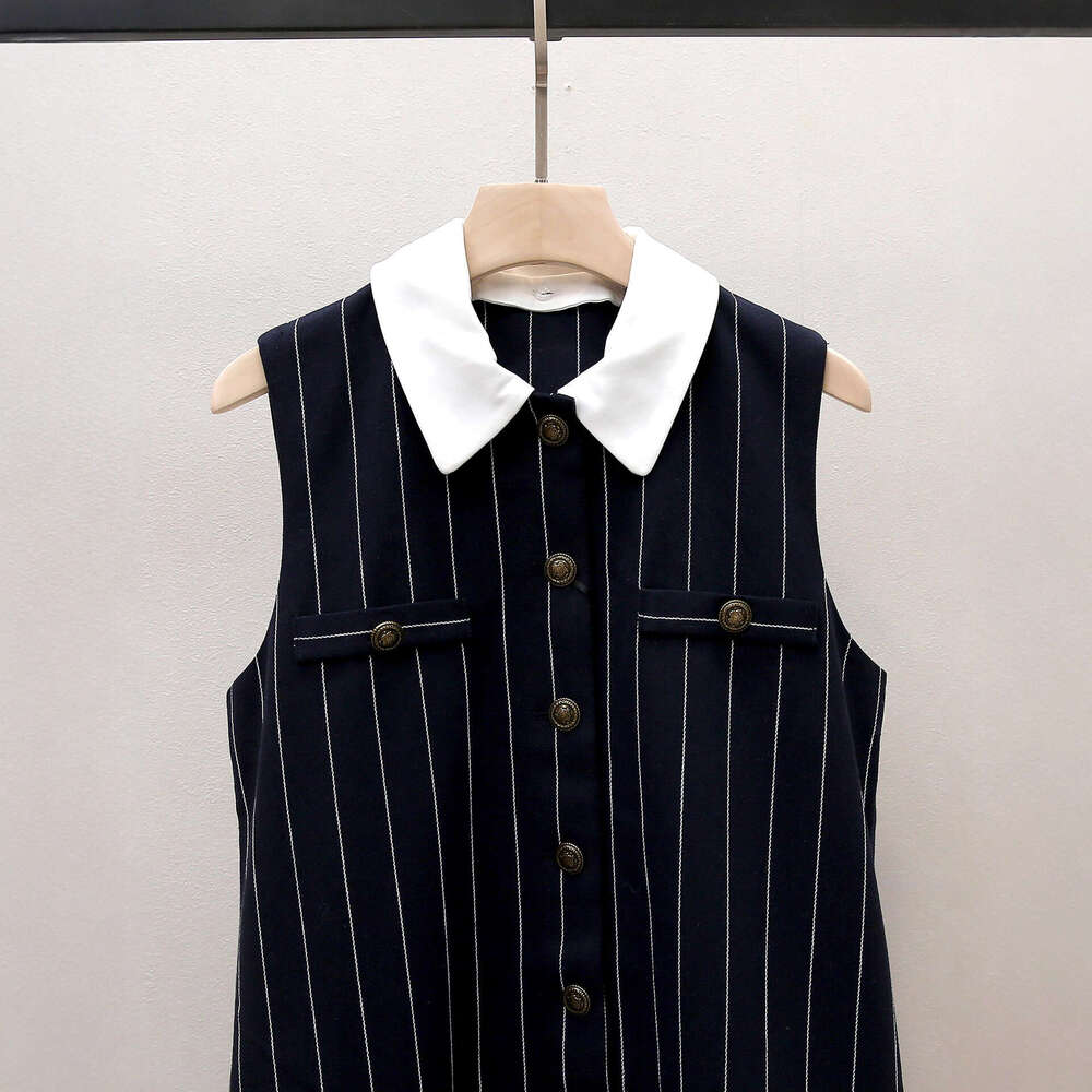 Designer's new autumn French workwear multifunctional color blocked collar striped loose sleeveless pleated skirt