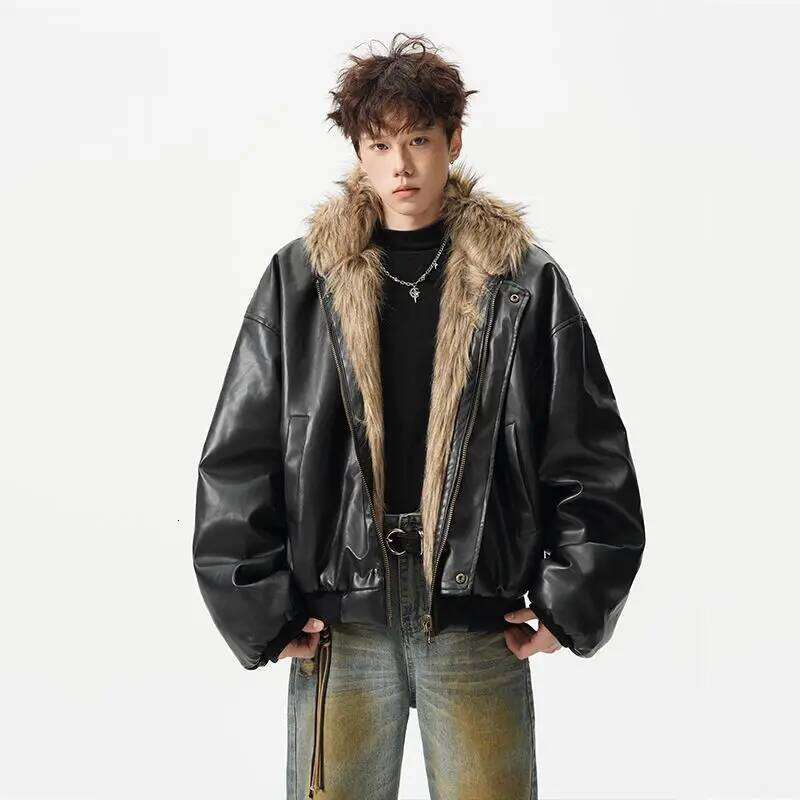 Fashion High-end PU Leather Jacket Cotton Clothes Men's 2025 Winter New Velvet Hooded Zipper Thickened Fur Integrated Coat Z260313