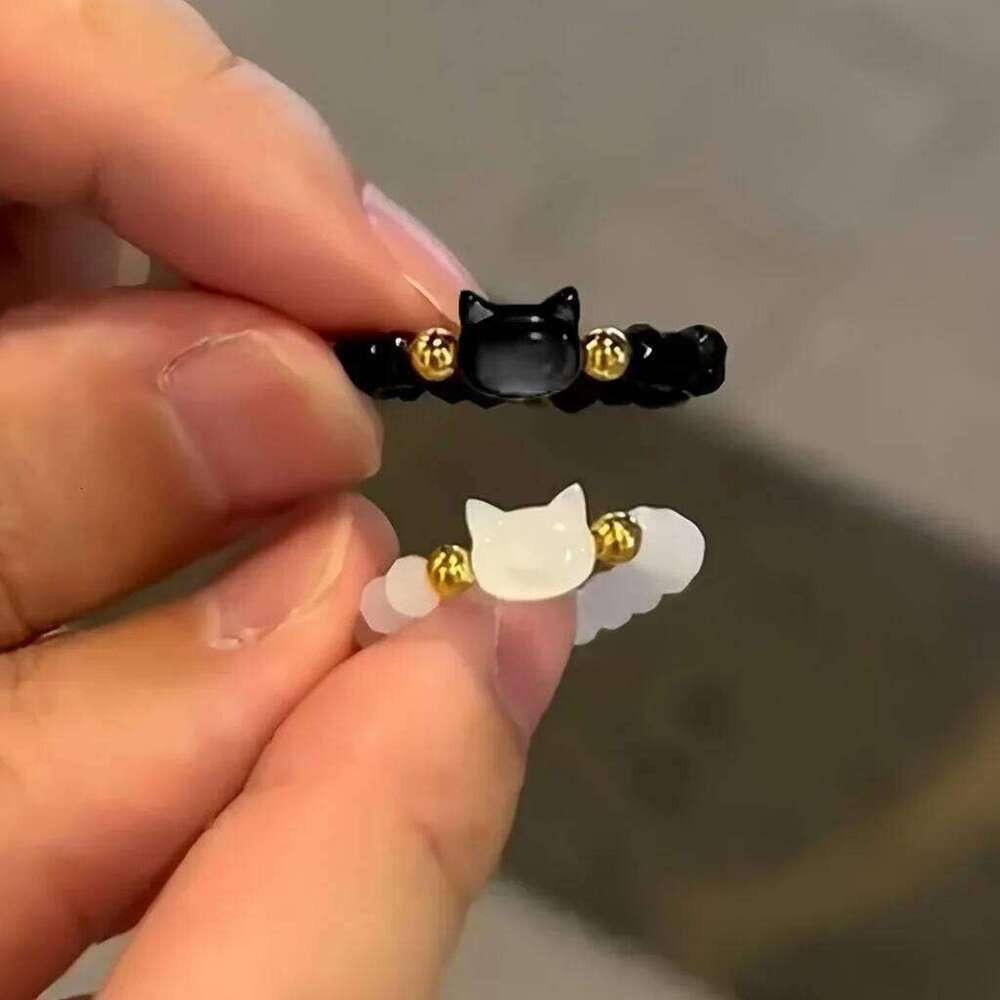 Fashion Natural Moonstone Obsidian Rings Minimalist Handmade Cute Black White Cat Bead Ring Women Party Accessories Jewelry Gift H260312