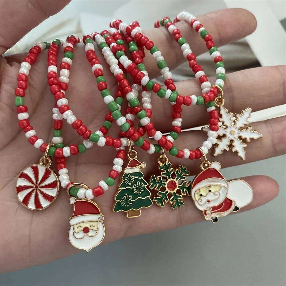 Christmas Necklaces for Women Girls Handmade Rice Beads X'mas Tree Santa Claus Snowman Gift Necklace Pendant New Year Jewelry H260312
