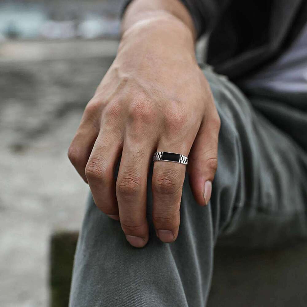 Black Rectangle Men Boys,Classic Square Metal Ring Chessboard Ring,Casual Gifts for Him H260312