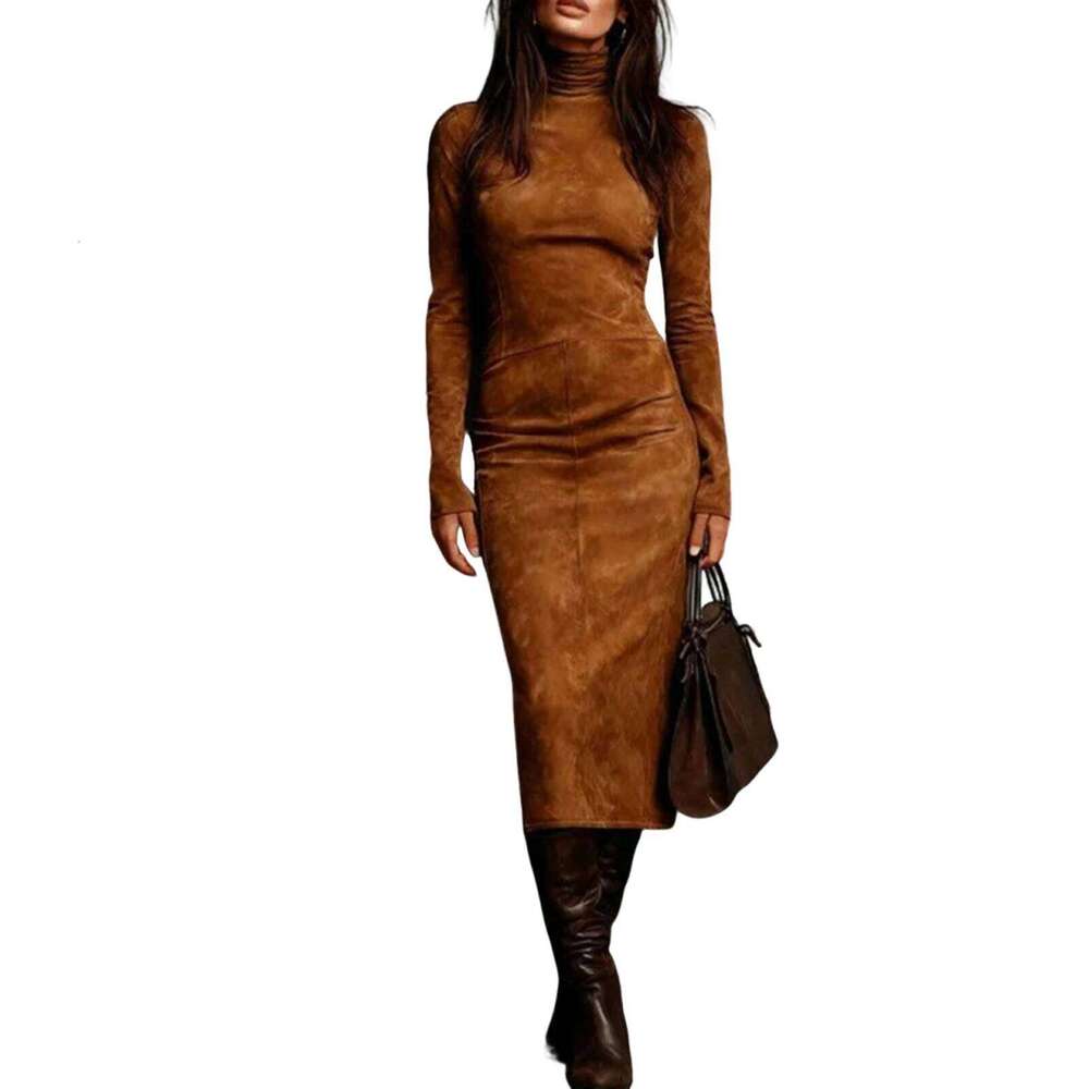 Women's Pleated Velvet Super Sleeve High Neck Tight Long Fashion Solid Color Dress Z260314