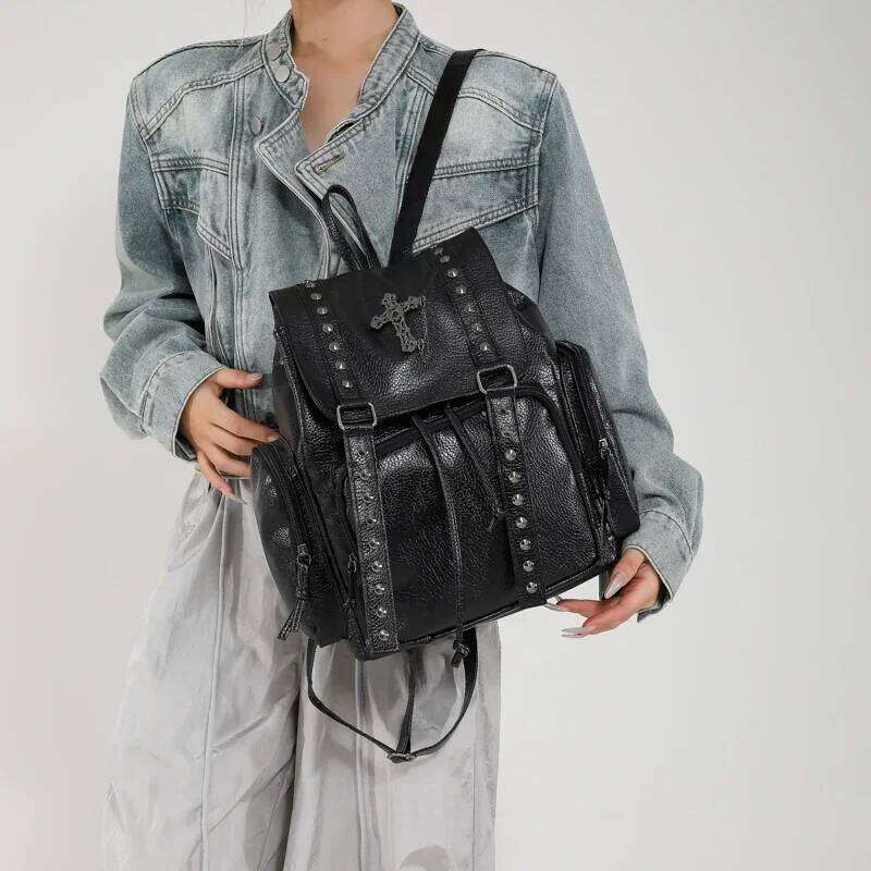 TAURUSCIAGA Rivet Y2k Backpack Women Gothic Punk PU Leather Shoulder Ladies Vintage Harajuku Backpacks College Large Capacity School Bag Daily Versati