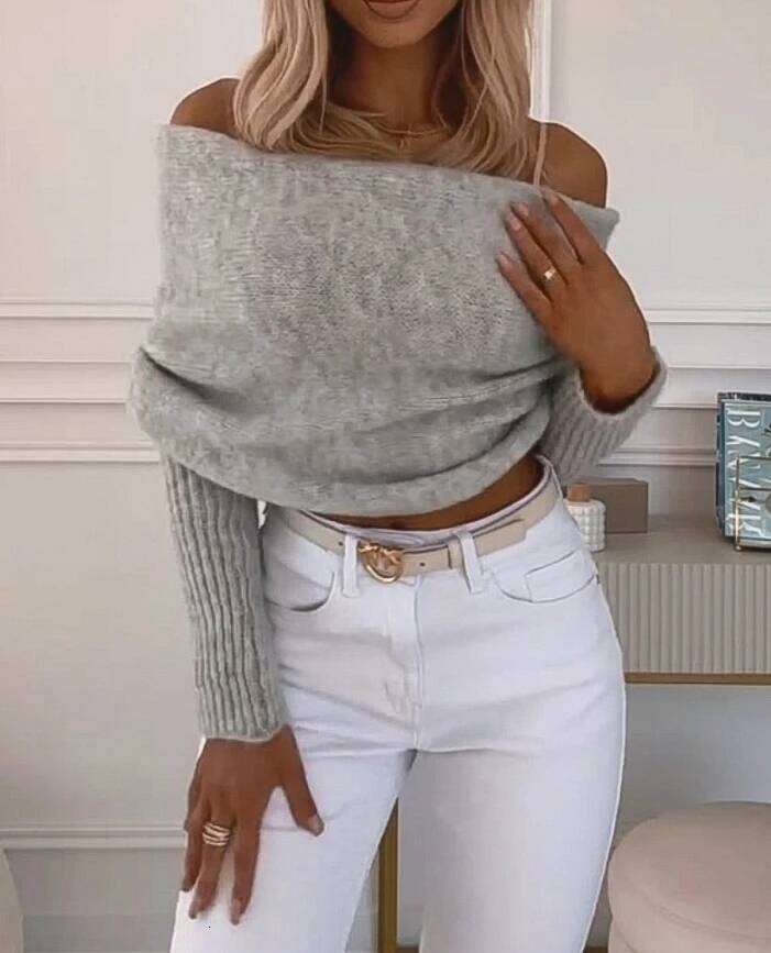 Autumn Lazy Women's Elegant Off Shoulder Cross Knitted Fashion Pullover Casual Outerwear Sweater Z260314