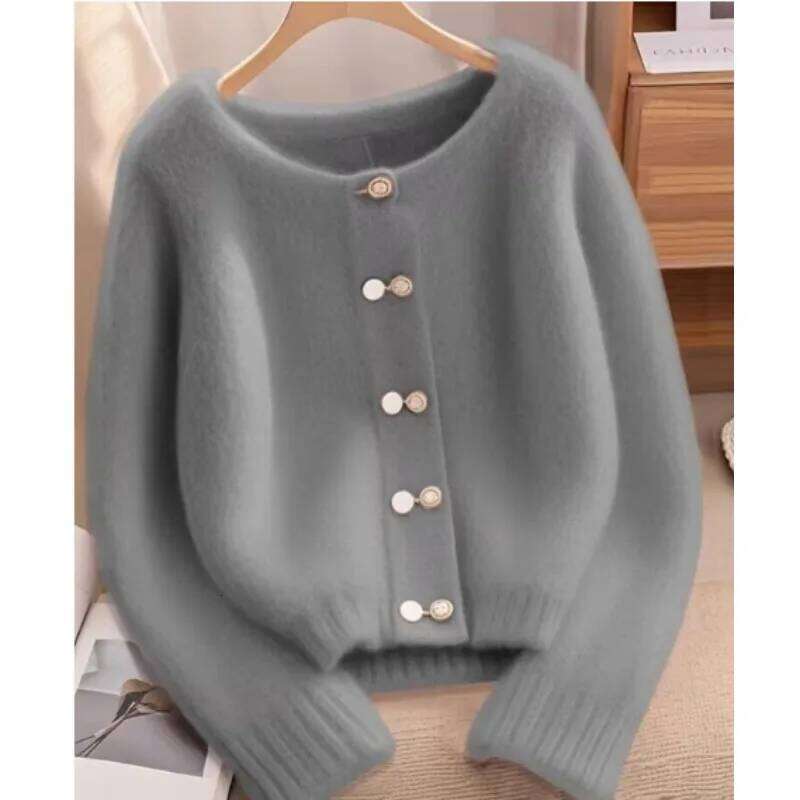 New Autumn Winter Cardigan Women Fashion Casual Pink Round Neck Loose Thick Warm Knitwear Ladies Sweater Female Top Z260314