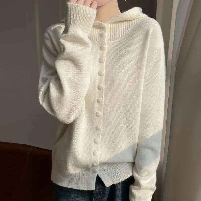 100% Merino Wool Sweater Korean Fashion Coat Solid Color Top 2025 Spring/Autumn/Winter Women Hooded Cardigan Z260313