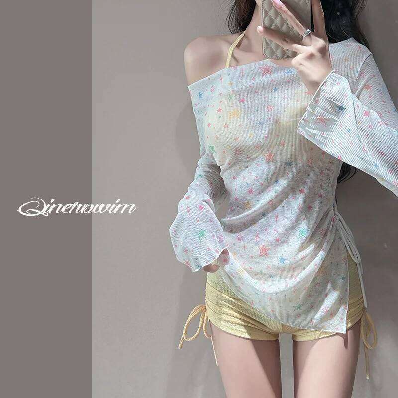 Long Sleeve Sun Protective Sweet Cute Star Print Bikini Three Piece Beach Rash Guard Coverup Swimsuit 26H0313