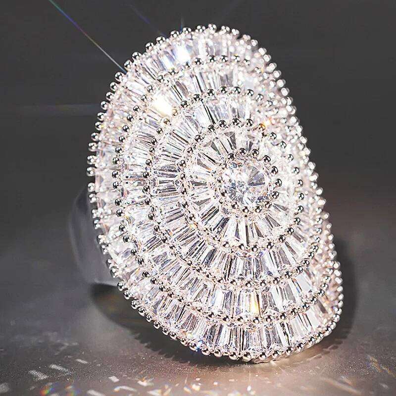 Huitan Silver Color Women Rings Shining Big Oval Design For Wedding Party Engagement Fancy Elegant Accessories Jewelry H260312