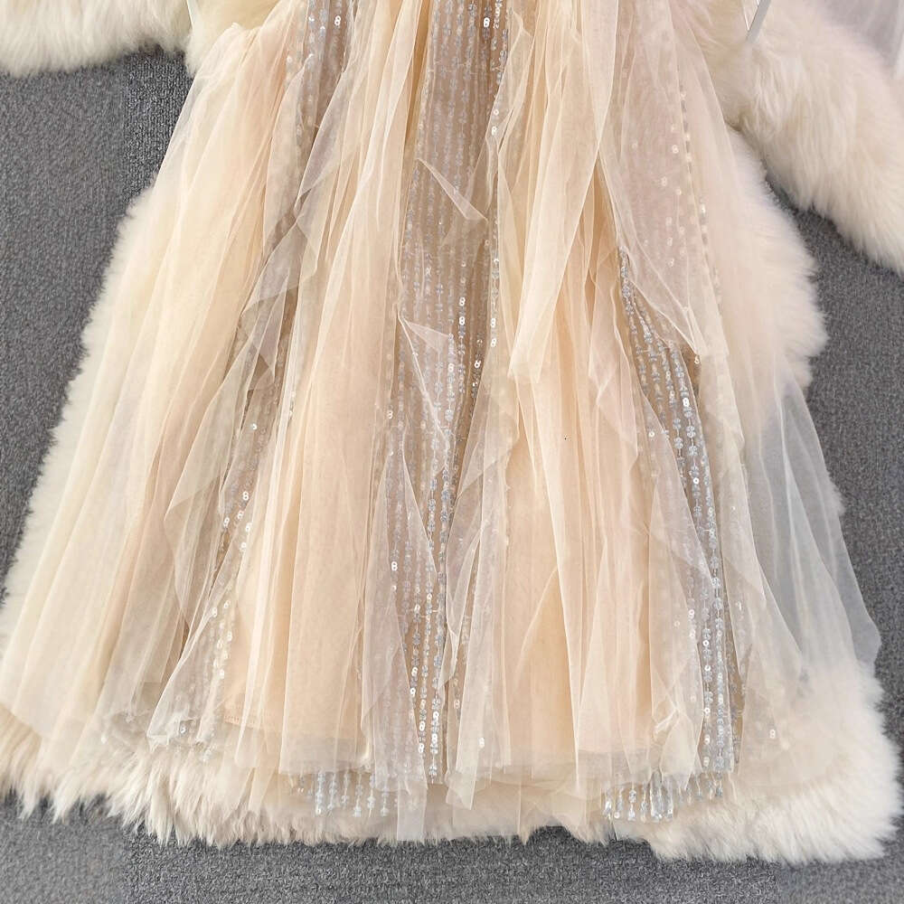 Designer French Sweet Fairy Skirt Gentle Style Loose fit Round A12 Neck Sleeveless Glitter A-line Mesh Skirt