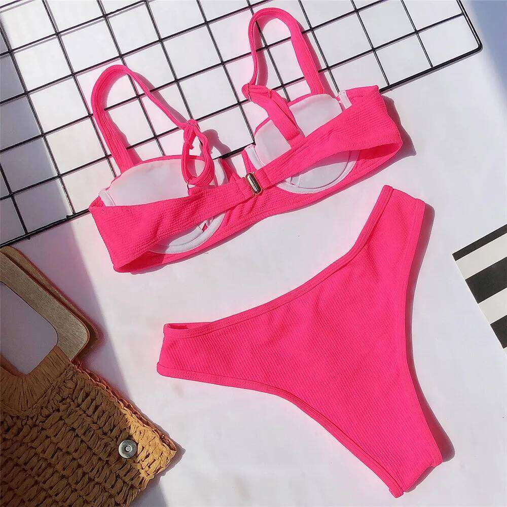 Rose Red Micro Thong Bikini Push Up Sexy Swimsuit Women V Neck Shaped Swimwear 2025 Ribbed Bathing Suit Bikinis Sets De Mujer Y260303