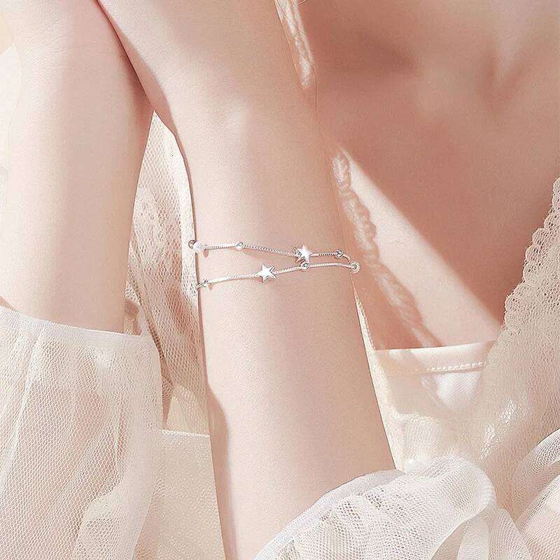 925 Sterling Silver Double Star Frosted Beads Bracelet Ladies Stylish Simple Birthday Wedding Anniversary Jewelry Gift Z260313