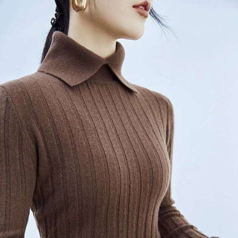 Women Korean Fashion Elegant Polo Collar Ribbed Knitted Sweater Autumn Winter Solid Long Sleeve Slim Pullover Tops Basic Jumper Z260313