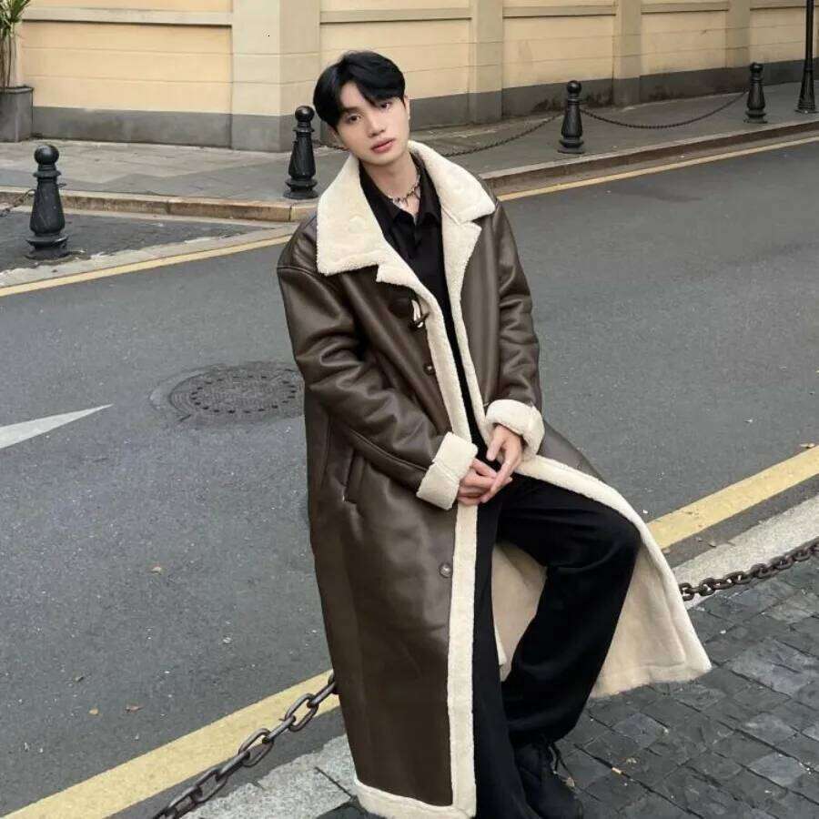 Trend Long Trench Men's Winter Lined Jacket Thicken Warm Versatile Faux Fur Coat PU Leather Overcoat New Z260313
