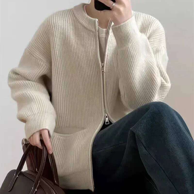 Women's Sweater Jacket Autumn Winter Retro Solid Color Double Zipper Knitted Cardigan Loose O Neck Oversized Sweaters for Women Z260314