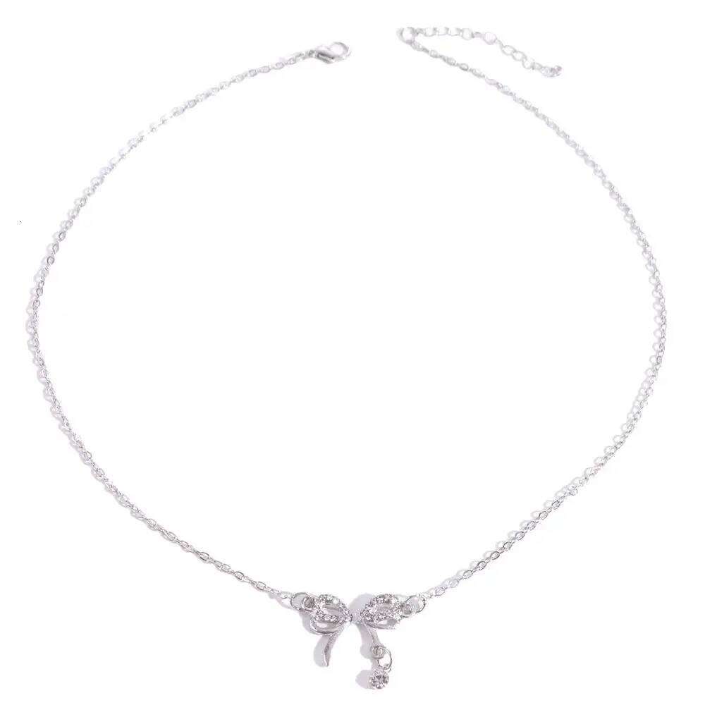 Clavicle Chain Silver Bowknot Heart Jewelry Accessories Bow Necklace Pendant Alloy Rhinestone H260312