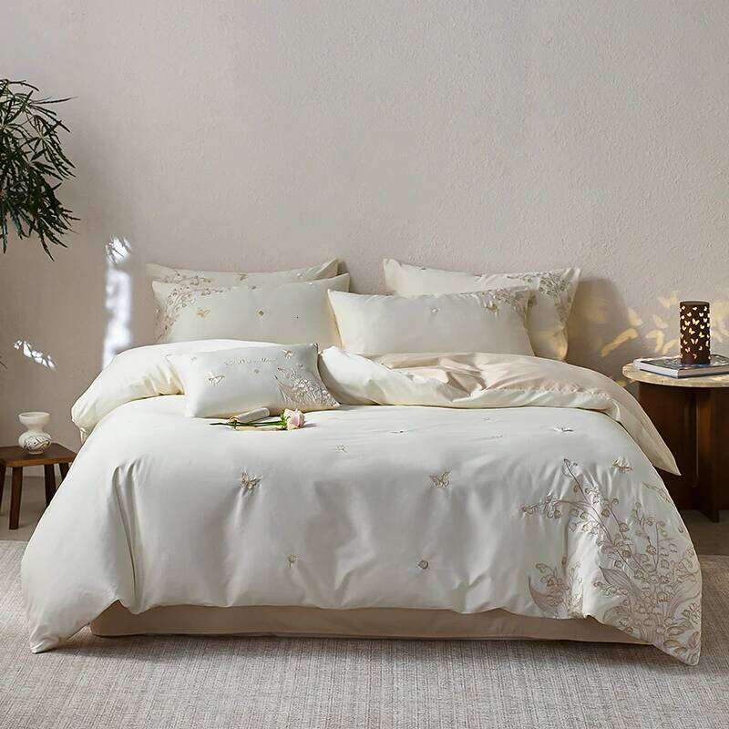 Elegant Lily of the valley Embroidery Bedding 600TC Egyptian Cotton Duvet Cover Set Bed Sheet/Fitted Sheet Pillowcases 4Pcs H260312 - view 3