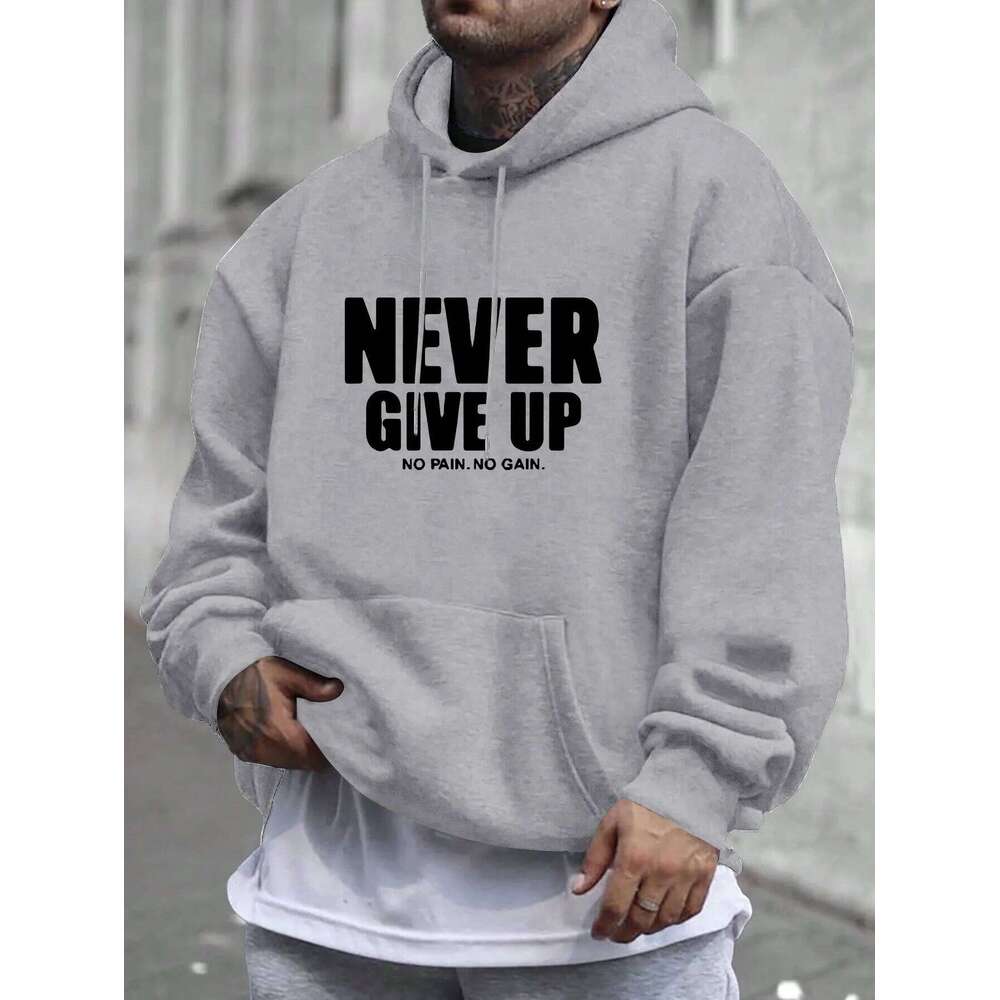 Men'S Never Give Up Print Fleece-Lined Pullover Kangaroo Pocket Stylish Streetwear Fall Casual Wear Hoodie Z260314