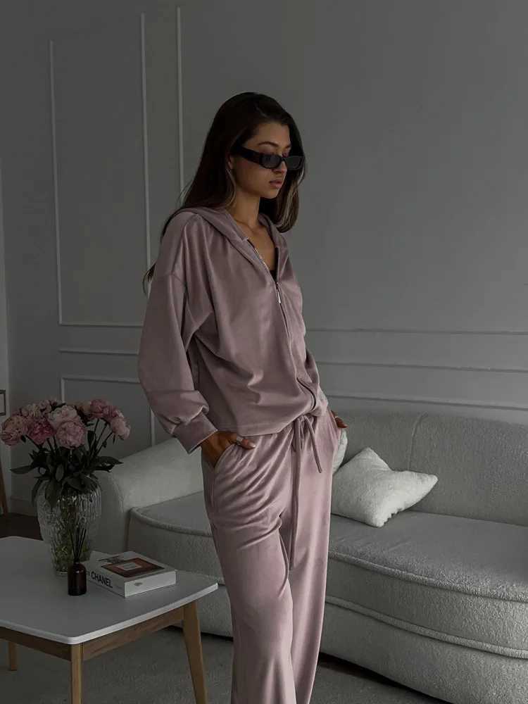 2025 Autumn Womens set Solid color long-sleeved cardigan hoodie sportswear long pants two-piece set set womens clothing M260313