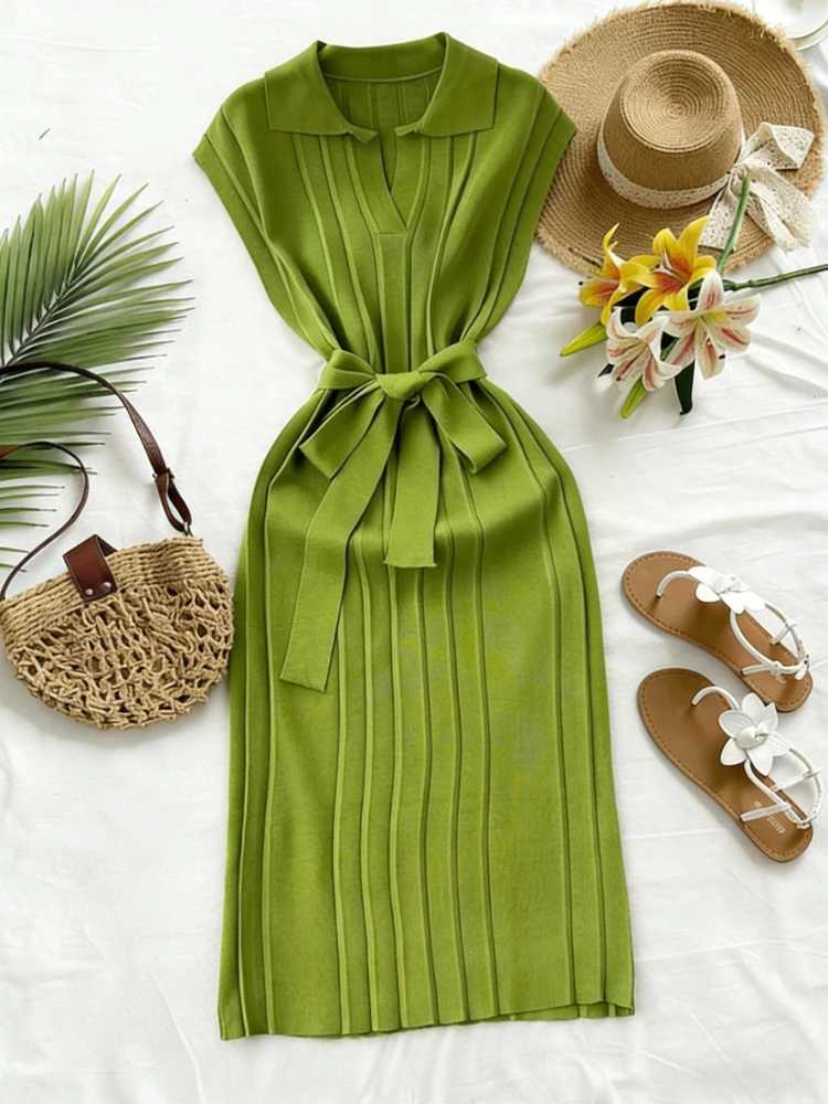 Avocado Green Sleeveless Turn-down Collar Maxi Dress Womens Belt Stretchy Ribbed Knit Asymmetrical Hem Summer Office Long DressT260314